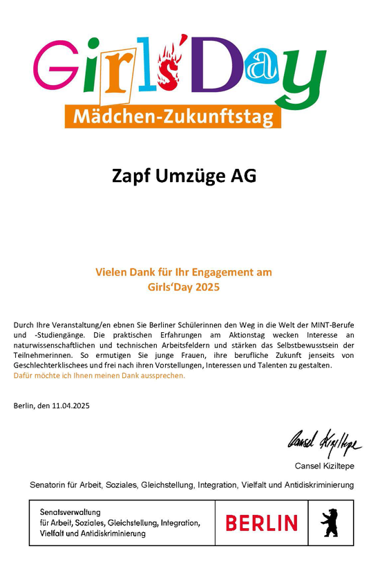 Girls´Day 2025 bei zapf umzüge
